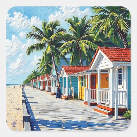 Colorful Tropical Vibrant Beach Huts Quadratischer Aufkleber (Vorderseite)