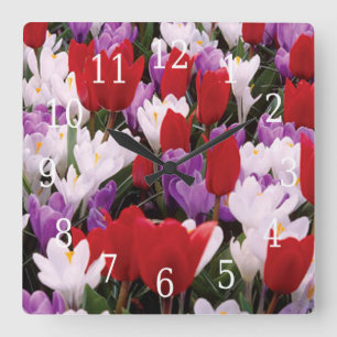 Colorful Tulip Flowers Clock Quadratische Wanduhr