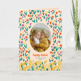 Colorful Tulip Happy Easter Family Photo Greeting Karte