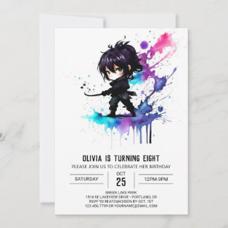 Colorful Warrior Ninja Digital Girl Birthday Einladung