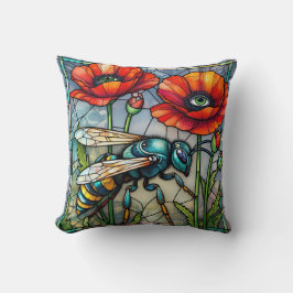 Colorful Wasp Stained Glass Poppy Mosaic Steampunk Kissen