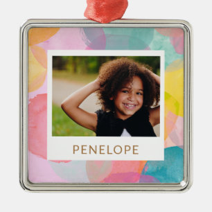 Colorful Watercolor Circles and Dots Name Photo Ornament Aus Metall