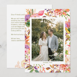 Colorful Watercolor Floral Custom Photo Wedding Dankeskarte