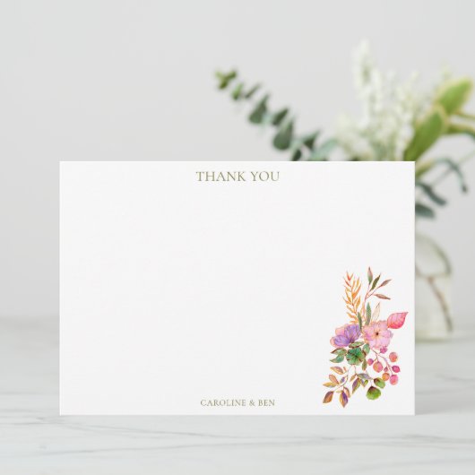 Colorful Watercolor Floral Elegant Custom Wedding Dankeskarte (Stehend Vorderseite)