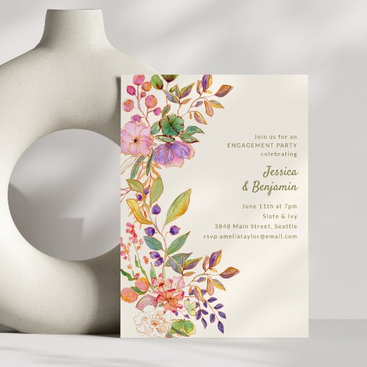 Colorful Watercolor Floral Engagement Party Einladung