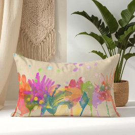 Colorful Watercolor Flowers on Beige Lendenkissen