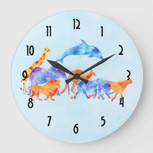 Colorful Watercolor Wild Animal Herd Running Free Große Wanduhr