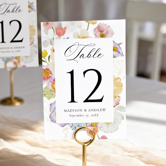 Colorful Watercolor Wildflower Wedding Tischnummer