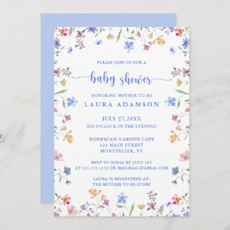 Colorful Watercolor Wildflowers Blue Baby Shower Einladung