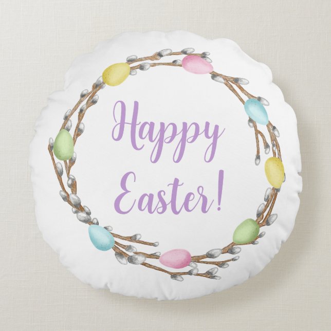 Colorful Watercolor Willow Wreath Happy Easter Rundes Kissen (Vorderseite)