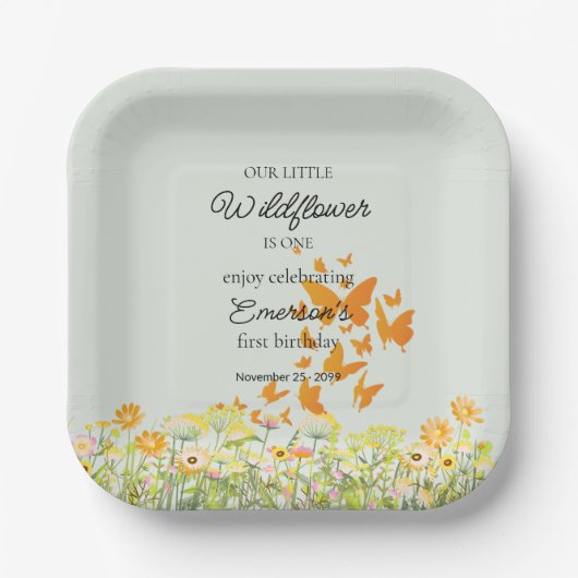 Colorful Wildflower Butterfly 1st Birthday Pappteller (Vorderseite)