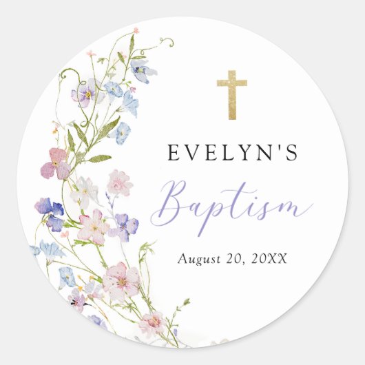 Colorful Wildflower Meadow Girl Baptism Runder Aufkleber (Vorderseite)