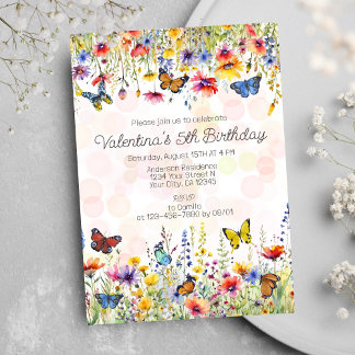 Colorful Wildflowers Butterflies Girl's Birthday Einladung