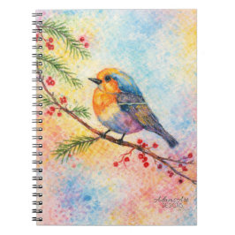 Colorful Winter Songbird on Berry Branch Watercolo Notizblock