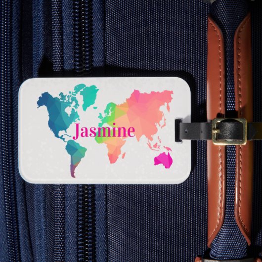 Colorful World Map Custom Monogram Name Luggage  Gepäckanhänger (Vorderseite Insitu 4)