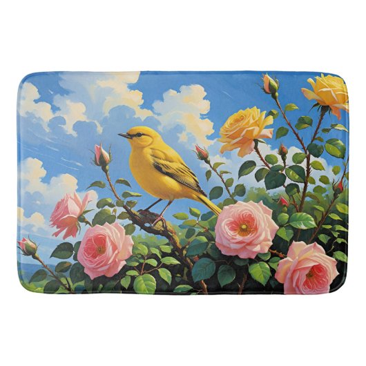 Colorful yellow bird and pretty pink roses badematte (Vorderseite)
