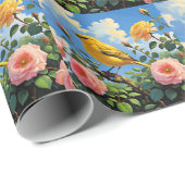 Colorful yellow bird and pretty pink roses geschenkpapier (Rolleneckpunkt)