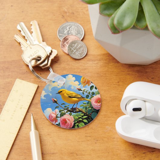 Colorful yellow bird and pretty pink roses schlüsselanhänger (Schreibtisch)