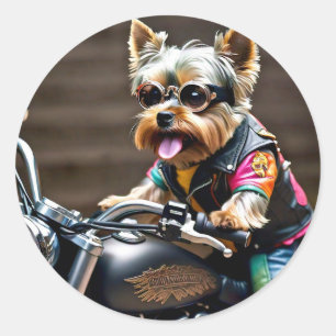 Colorful Yorkie Dog auf Motorrad-Aufkleber Runder Aufkleber