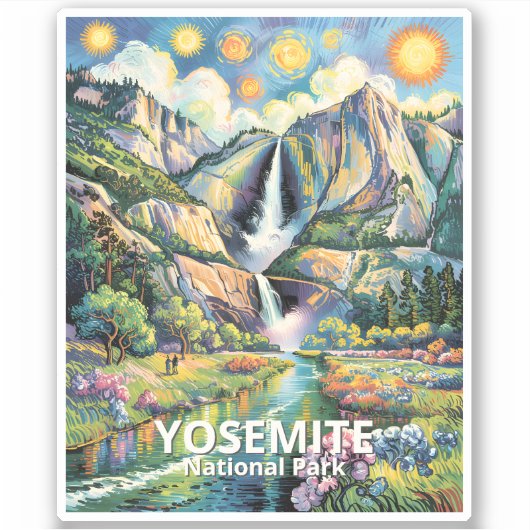 Colorful Yosemite Spring Waterfall Hiking Van Gogh Aufkleber (Vorderseite)