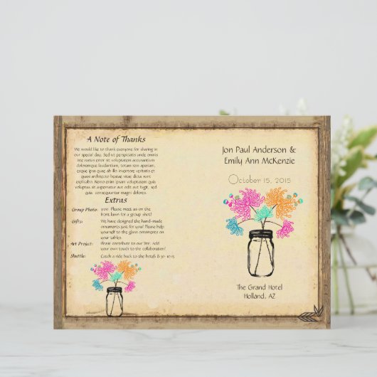 Colorful Zinnia Mason Jar Wedding Program (Stehend Vorderseite)