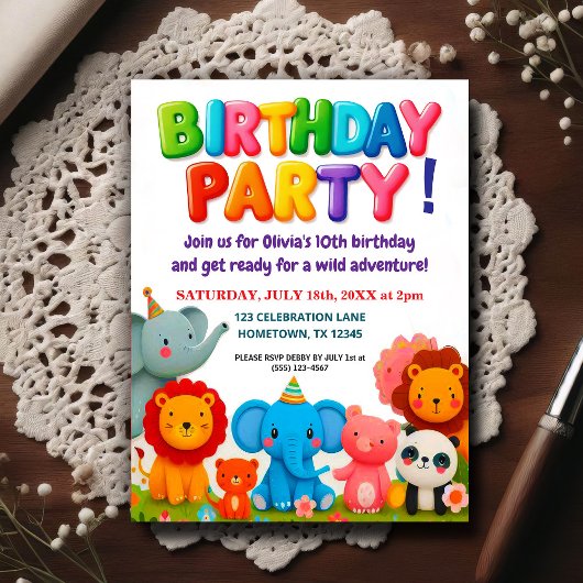 Colorful Zoo Animals Birthday Party Invitation Postkarte