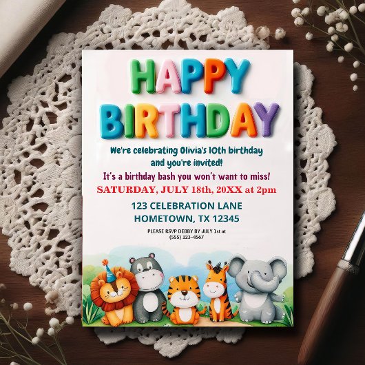 Colorful Zoo Animals Birthday Party Invitation Postkarte