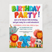 Colorful Zoo Animals Birthday Party Invitation Postkarte (Vorderseite)