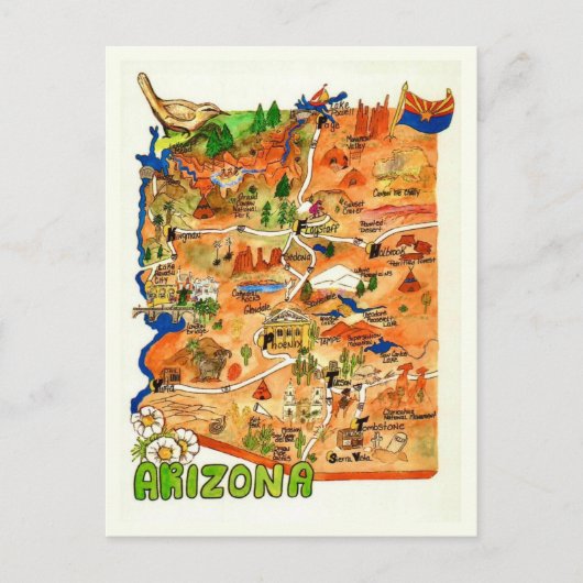Colorfully Illustrated Arizona Map Postcard Postkarte (Vorderseite)