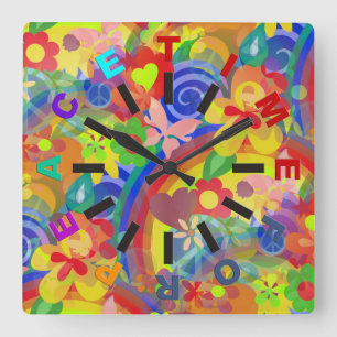 Colors of Flower Power + clock face Quadratische Wanduhr