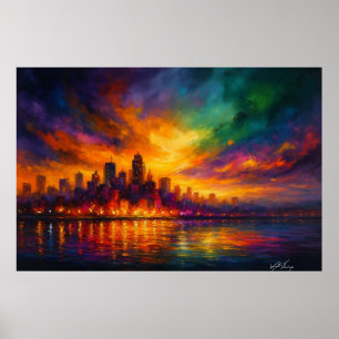 Colorstorm Metropolis Abstrakte Skyline bei Dämmer Poster