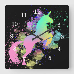 Colour Splash Fantasy Rainbow Unicorn Quadratische Wanduhr