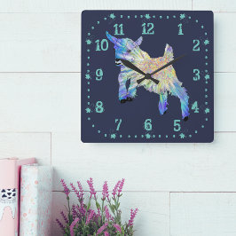 Colourful Cute Baby Goat Jumping Funky Animal Art Quadratische Wanduhr