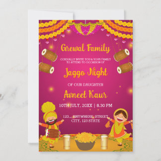 Colourful Jaggo night Invitation Card Einladung