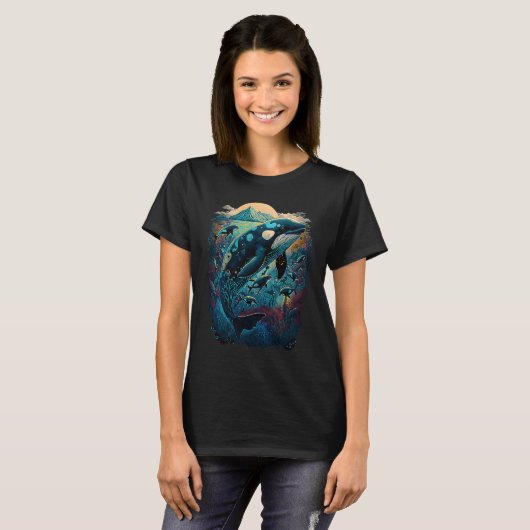 Colourful mystical orca whale watching dolphin pot T-Shirt (Vorne ganz)