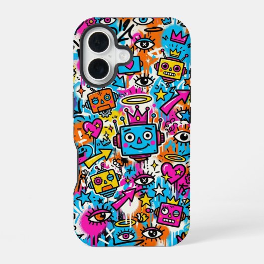 Colourful Neon Robot Pattern iPhone 16 case Hülle (Rückseite)
