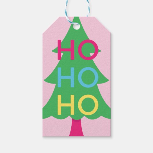 Colourful Neon Typographic HO HO Christmas Tree Geschenkanhänger (Vorderseite)
