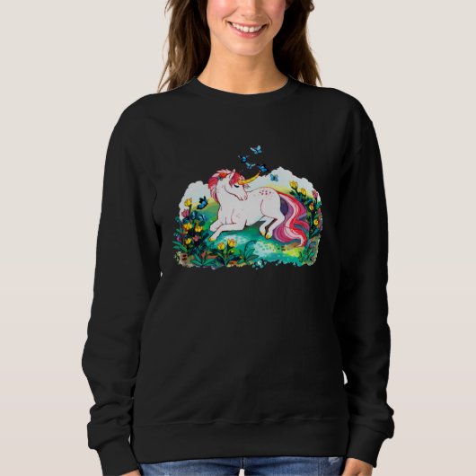 Colourful unicorn lying on a flower filled area sweatshirt (Vorderseite)