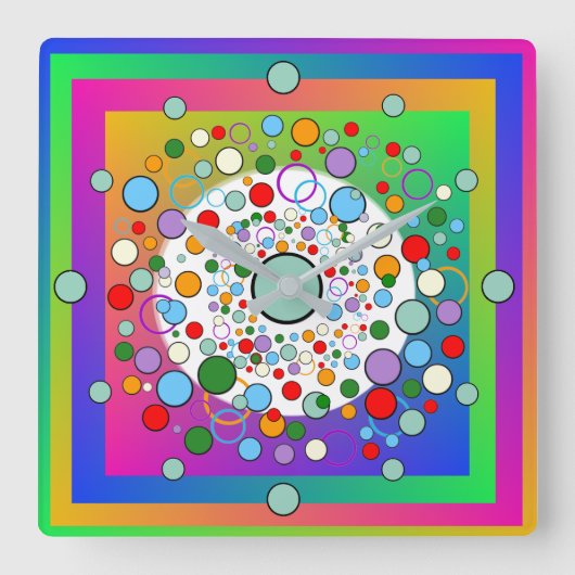 Colourful Vibrant  Rainbow Circles and Dots Quadratische Wanduhr (Vorderseite)
