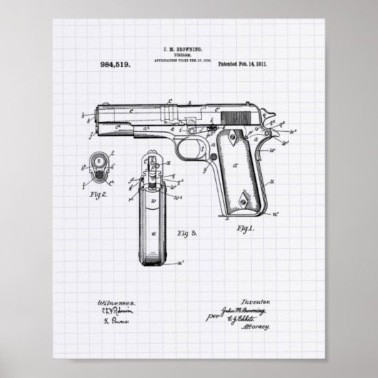 Colt .45 1911 Patent Art - Lined Peper Poster (Vorne)