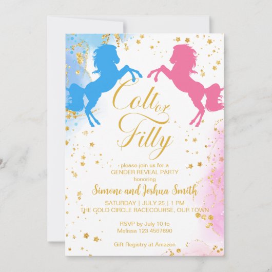 Colt oder filly Boy oder Girl pink blauen Geschlec Einladung (Vorderseite)