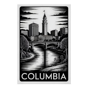 Columbia South Carolina Schwarz Weiß Holzschnitt Poster