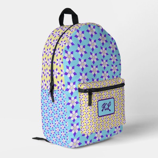 Columbine Backpack Blue und Yellows Bedruckter Rucksack (Rückseitige Ecke links)