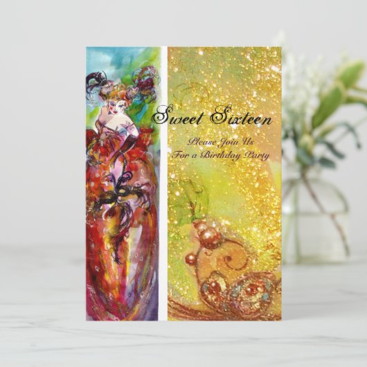 COLUMBINE, Mardi Gras, Sweet 16 Masquerade Party Einladung (Stehend Vorderseite)