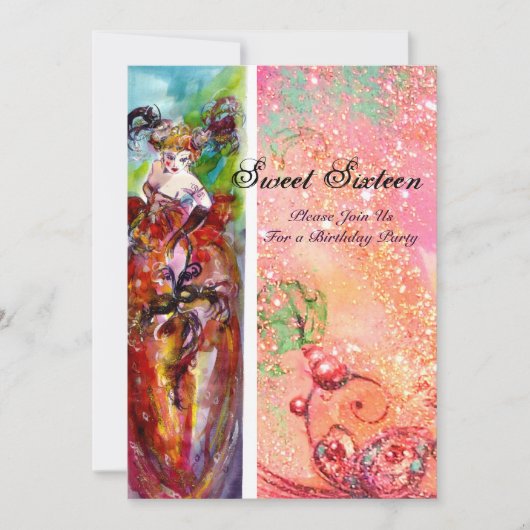 COLUMBINE, Sweet 16 Masquerade Party, rosa Gold Einladung (Vorderseite)