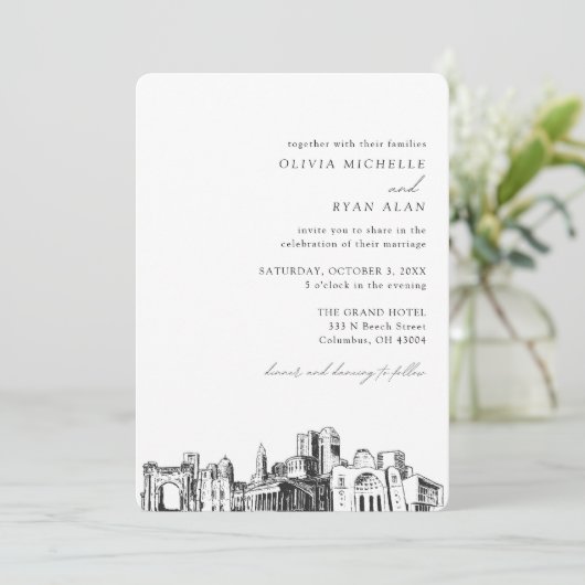 Columbus Wedding Elegant Skyline Einladung (Stehend Vorderseite)