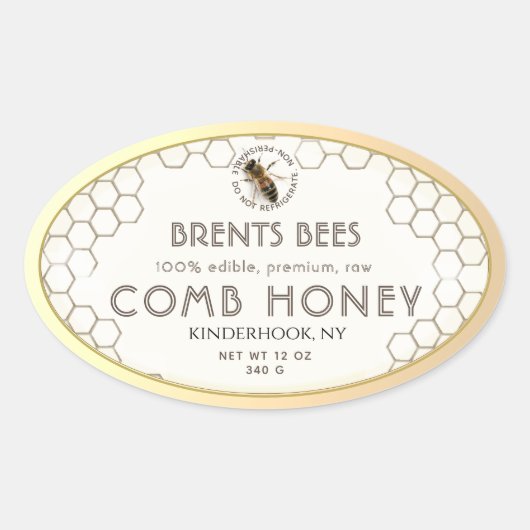 Comb Honey-Label mit Bee Honeycomb Gold Edge Ovaler Aufkleber (Vorderseite)