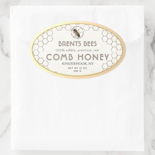 Comb Honey-Label mit Bee Honeycomb Gold Edge Ovaler Aufkleber (Tasche)