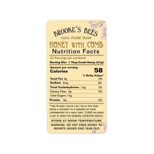 Comb Honey Nutrition Fakten Säugling Warnung Hex J Adressaufkleber (Vorne)