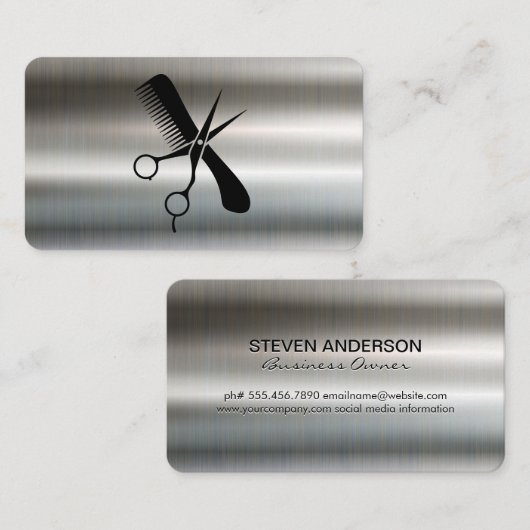 Comb Scissors | Barber | Metallic Background Visitenkarte (Vorne/Hinten)